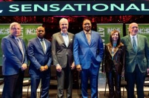 From L to R: Asbury Park Mayor John Moor; Newark Mayor Ras Baraka; Governor Phil Murphy; Atlantic City Mayor Marty Small Sr.; First Lady Tammy Murphy; and NJPAC CEO John Schreiber